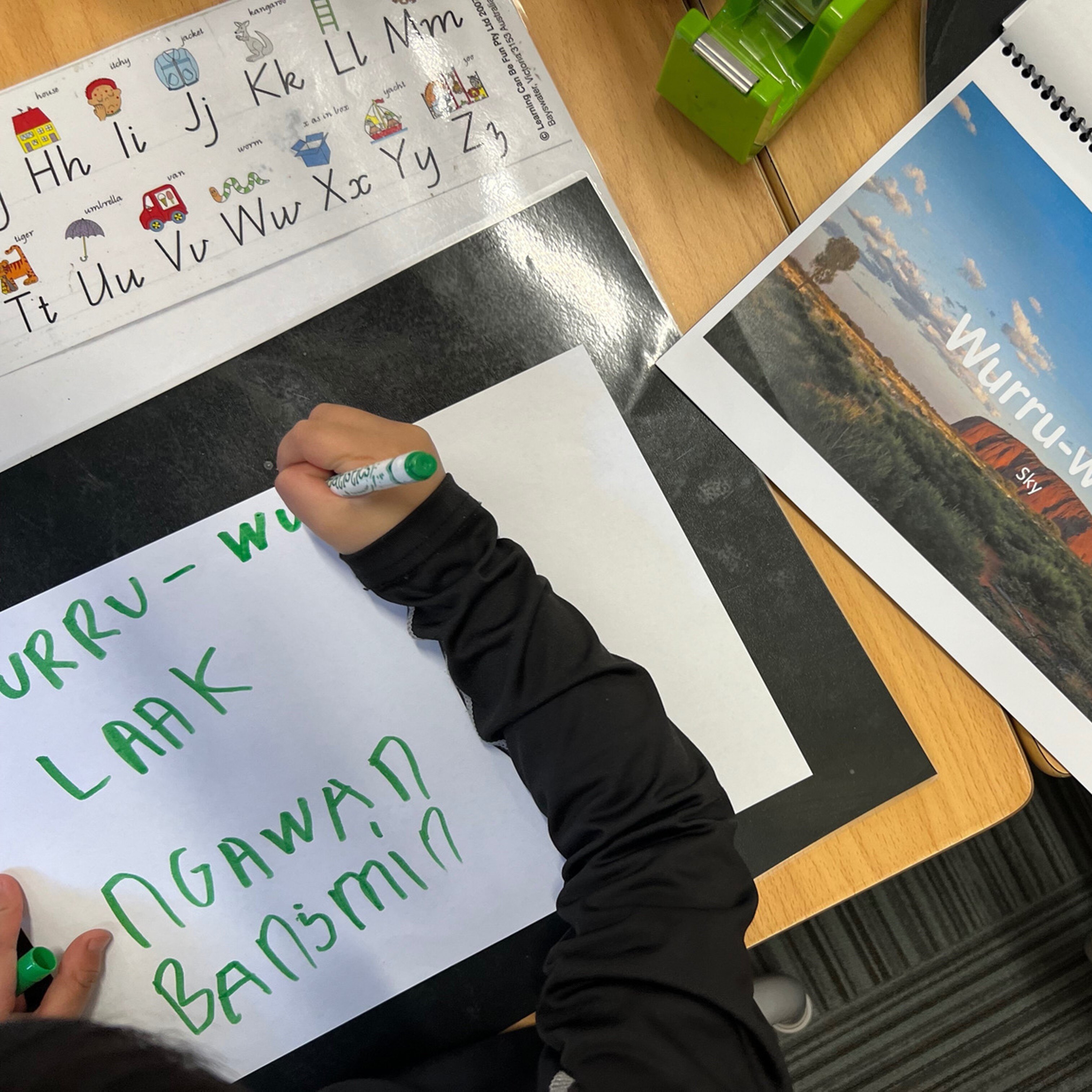 A child writing words on a poster